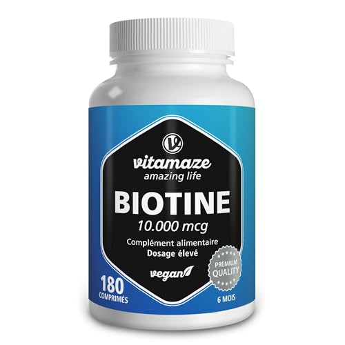 Biotine 10.000 mcg Pousse des Cheveux -180 Comprimés pour 6 Mois - Vitamine B7 Pure - Compléments Alimentaires Cheveux, Ongles et Peau - sans Additifs Inutiles