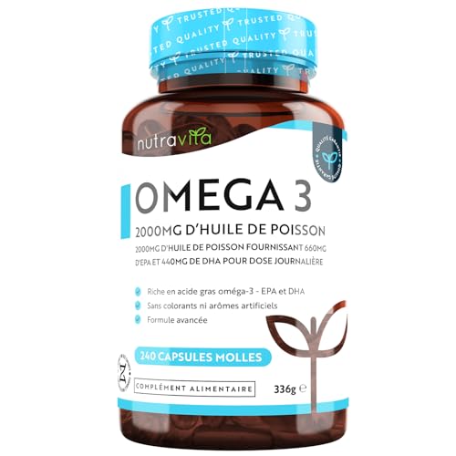 Omega 3 Huile de Poissons Sauvages 2000mg - 240 Gélules (120 Jours) - Haute Concentration en EPA (660mg) & DHA (440mg) Soutien Fonction Cardiaque et une Vision Normale - Fabriqué par Nutravita