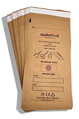 BuduProfi 100 pochettes de stérilisation autoclaves et four sec pour instruments de manucure / pédicure, avec indicateur et étanchéité (100 x 200mm)