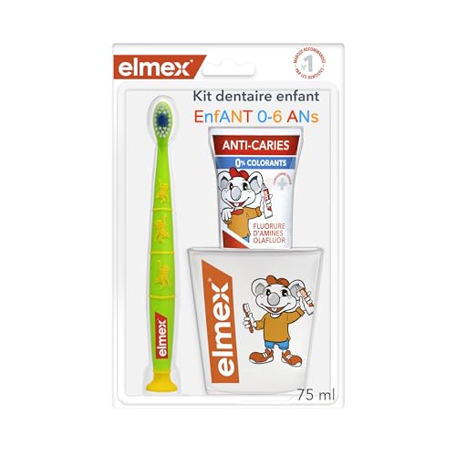 ELMEX - Kit Elmex Enfant - 1 Brosse à Dents Enfant + 1 Dentifrice Enfant 0-6 Ans + 1 Gobelet pour la Brosse à Dents - Coloris de la brosse aléatoires