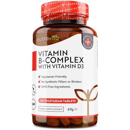 Vitamine B Complex Extra Fort avec Vitamine D - 365 Comprimés 1 an d'Approvisionnement - Sans Gluten - 8 Vitamines B actives - B1, B2, B3, B5, B6, B7 (Biotine) B9 (Acide Folique) B12 - Nutravita