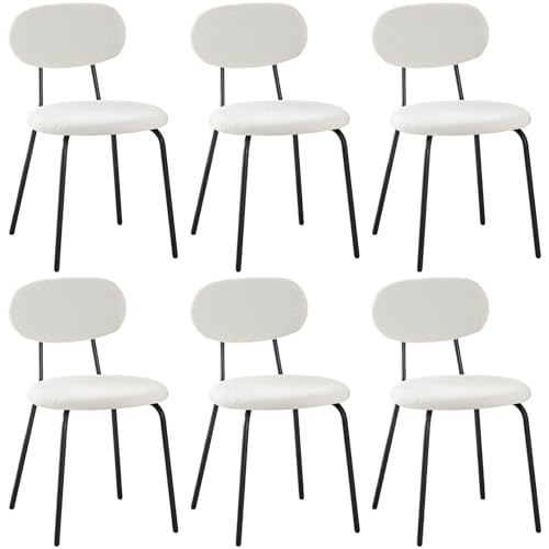 ANVOFONG Chaises de Salle à Manger Lot de 6,Chaises de Cuisine en Tissu Teddy,Chaises Longues Empilables,Convient à la Salle à Manger,La Cuisine,La Chambre à Coucher,La Salle de Réception-Blanc
