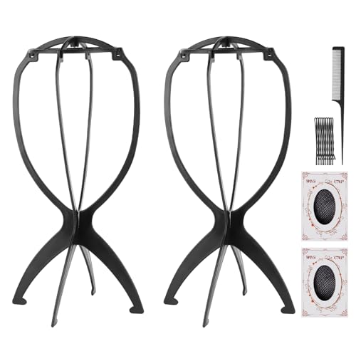 MXTIMWAN 2 Pièces Support Perruque, porte perruques, Support de Perruque Pliable Portable,D'affichage de Perruque,Avec 2 filets à perruque, un peigne à perruque, une pince à perruque（Noir）