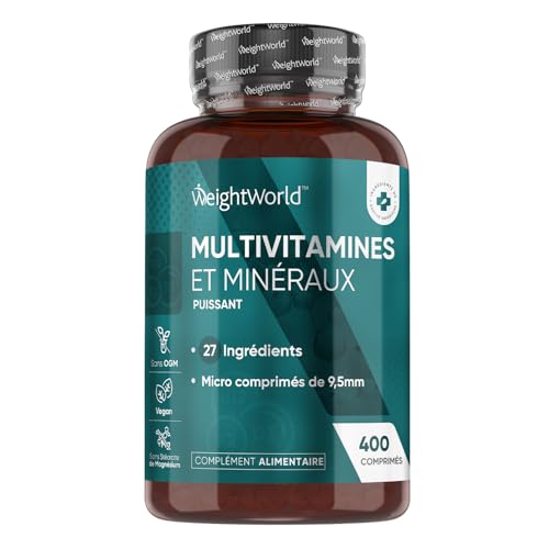 Multivitamines et Minéraux - 400 Comprimés Vegan (+1An) Menthe Poivrée - 27 Nutriments Essentiels Vitamines A B C D E K Calcium Magnesium Zinc Fer Iode Potassium - Immunité, Fatigue, Cheveux, Peau