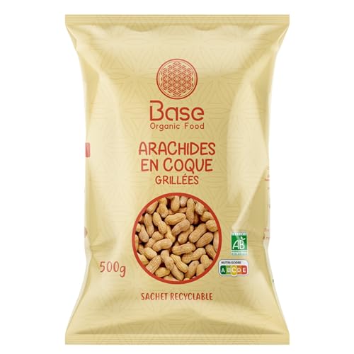 Arachides en coques BIO 500g | Cacahuètes en coques grillées & 100% Naturelle | Cacahuètes JUMBO | BIO | IDÉAL Snack ou Apéritifs | Sans OGM | Végétariens et Végétaliens | BASE ORGANIC FOOD