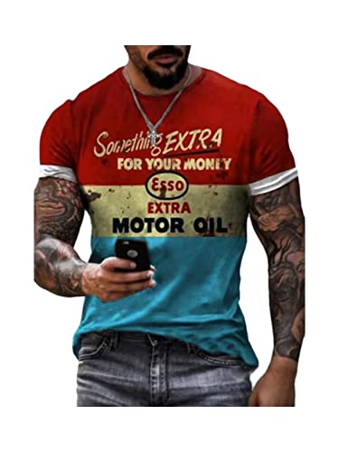 XINTAYEL T-Shirt d'huile de Moteur pour Hommes Mode d'été Pull à Manches Courtes T-Shirts Lettres Couleur Assortie Imprimé Col Rond Biker Moto T-Shirts Streetwear Tops