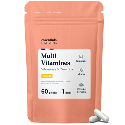 Multivitamines et Minéraux, 15 Nutriments Essentiels, Vitamines A B C D E + Magnésium & Zinc, Immunité & Énergie, 60 gélules Vegan, Cure de 1 mois, Fabriqué en France, Essentials by Novoma