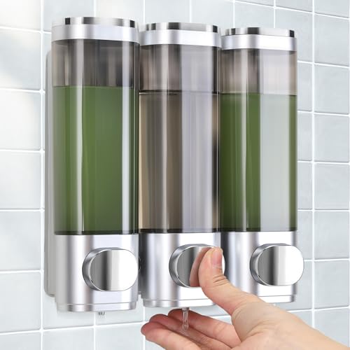 Lot de 3 distributeurs de savon, fixation murale, sans perçage, distribution uniforme de liquide, anti-fuite, convient pour shampooing, gel douche, savon liquide, après-shampoing, argent