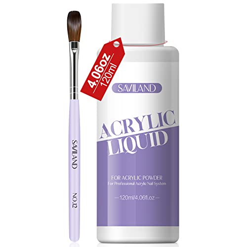 Saviland Liquide Acrylique, 120ML Monomère Professionel pour Poudre Acrylique avec Pinceau Acrylique #12, Non Jaunissante Liquide acrylique, Liquide Acrylique pour Ongles Extension/Ongles Sculpture