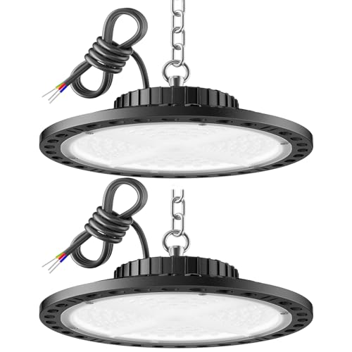 ANNIFUNLY Lampe Atelier Projecteur LED, Paquet de 2 UFO LED 100W 15000LM Éclairage Plafonnier LED Garage avec Chaine, Industriel Éclairage pour Établi Parking Cave Terrasse Gymnase