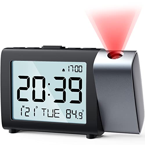 MeesMeek Horloge à Projection numérique: Affichage LCD Clair avec température date 12/24H et luminosité réglable, Réveil de Bureau à Piles Facile à régler pour Enfants Adultes et la Chambre à Coucher
