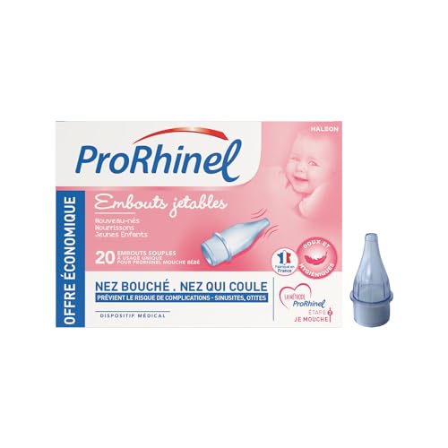 Prorhinel Embouts Jetables Mouche Bébé Manuel x20, Embouts Souples, Pour Nez Bouché et Ecoulement Nasal, Doux Hygiénique, Fabriqué en France