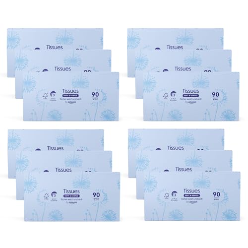 by Amazon Mouchoirs en papier 3 épaisseur, 1080 pièces, 12 lot de 90 (Auparavant Presto!)