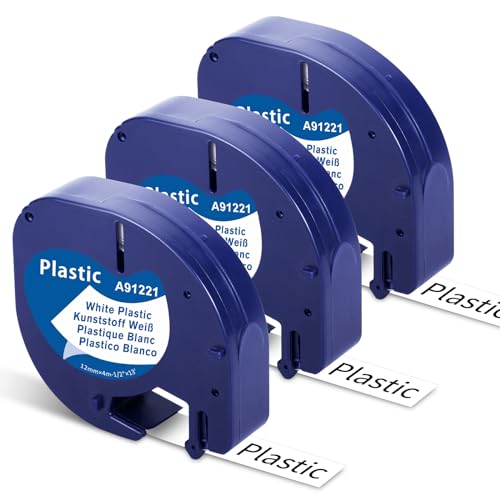 3x Rubans Fimax 91221 Compatible pour Ruban d’Étiquettes Dymo LetraTag, Ruban d’Étiquetage 12mm x 4m Noir sur Plastique Blanc, pour LT-100H LT-100T XR 200B XM