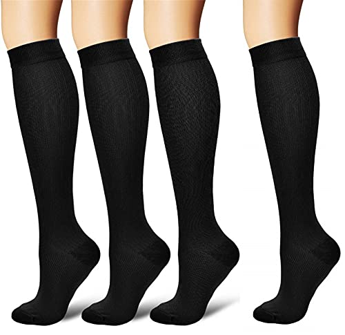 4 Paires Chaussettes de Contention pour Hommes et Femmes Circulation Compression médical 15-20 mmHg Professionnelle Soutien Lors des Vols ou Voyages Unisex Anti-thrombose Anti Varices Noir