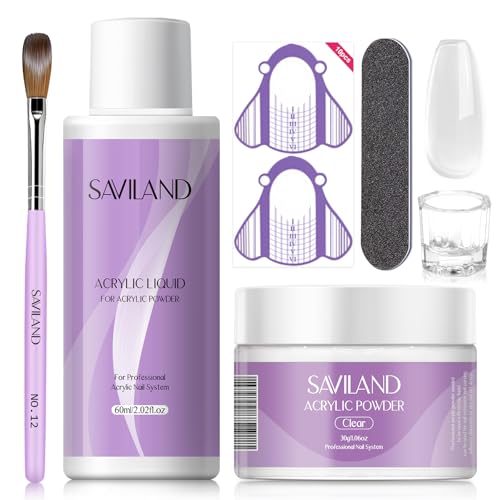 Saviland Kit d'Ongles en Acrylique: 30 g Poudre Acrylique Clair, 60 ml Liquide Acrylique, Pinceau Acrylique, Chablon, Limes à Ongles, Récipient Dappen pour l'Extension Ongles Acrylique pour Débutant