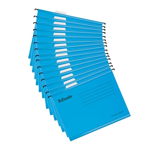 ESSELTE - Dossiers Suspendus A4 Renforcés pour Classeur / Meuble de Classement, Lot de 15 Dossiers Suspendus avec Onglets & Étiquettes, 100% Carton Recyclé, Coloris Bleu (628806)