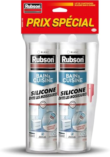 Rubson Mastic Bain & Cuisine Pure Silicone Anti-Moisissures Blanc, mastic sanitaire à base de silicone, mastic étanche renforcé en antifongique, lot de 2 cartouches 280 ml