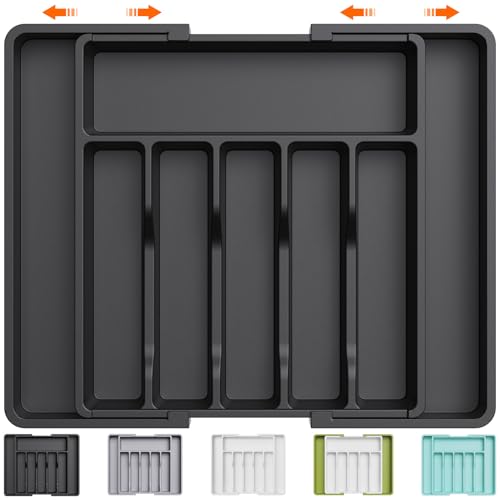 Lifewit Range Couverts, Plateau d'Ustensiles Extensible pour Tiroir, Organisateur de Tiroir Réglable pour la Cuisine, Rangement Compact en Plastique pour contenir des Cuillères, Fourchettes, Noir