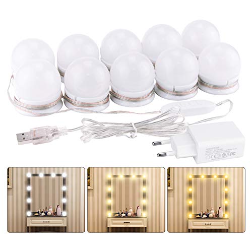 K KUMEED Lumière de Miroir, 10 Ampoules Hollywood Kit de Lumière LED Dimmable Lampe pour Miroir Cosmétique Salle de Bain 3 Couleurs 10 Niveaux de Luminosité avec Adaptateur (Miroir Non Inclus)