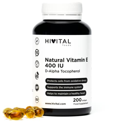 Vitamine E Naturelle 400 UI (D-Alpha Tocophérol) | 200 capsules (plus de 6 mois de traitement) | Protège vos cellules des dommages oxydatifs et garde la peau et les cheveux en bonne santé