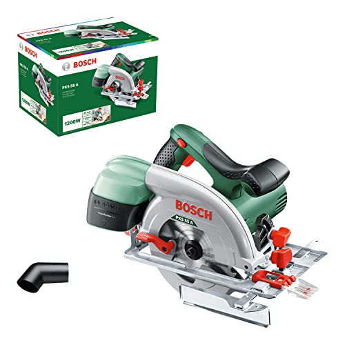 Bosch Home and Garden Scie circulaire filaire - PKS 55 A (1200W, livrée avec lame pour bois, butée Parallèle, emballage carton) Vert 25,4 cm
