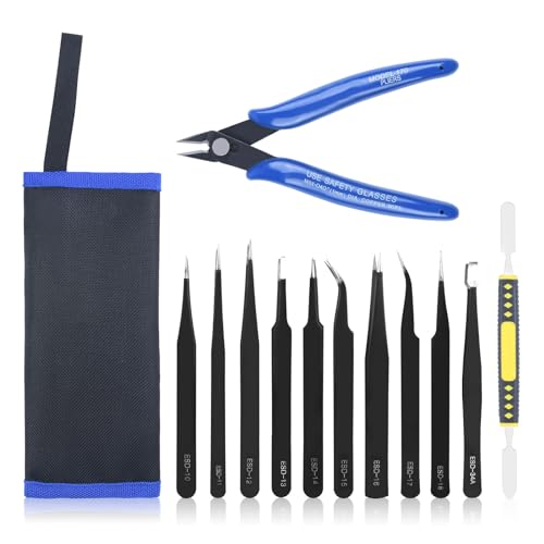 Ainiv Pince Brucelle Antistatique, 12PCS Pincettes de Précision ESD et Coupe-fil Micro Kit, pour la Modélisation, Réparation Électronique, L'artisanat, Laboratoire, Fabrication de Bijoux