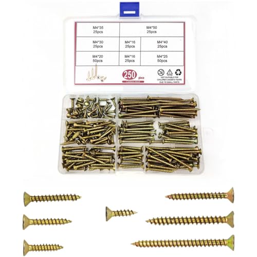 250 Vis à Bois Autotaraudeuses M4 - Tête Plate Croisée, Autoperceuses, Assortiment Pour Cloisons Sèches Multi-usages - M4x (16/25/30/35/40/50 mm)