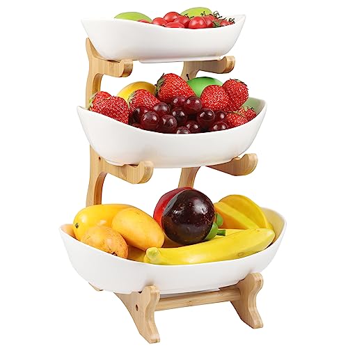 Présentoir à fruits à 3 étages, Corbeille a Fruits Céramique avec support en bois résistant, Plateaux de Service pour Gâteaux Fruits Dessert, Décoration Coupe de Fruit