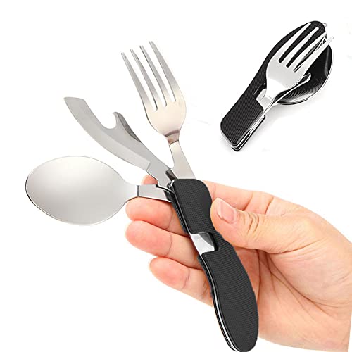 Senvenelec Multifonction 4 en 1 vaisselle de camping matériel de camping mis en acier inoxydable fourchette cuillère ensemble ouvre bouteille/voyage/survie - pliable détachable - le noir.