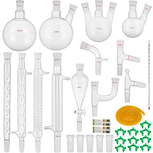 VEVOR Kit de Verrerie de Laboratoire 32 pcs, Équipement de Distillation Laboratoire de Chimie Verre Borosilicaté 3,3 Organique, Kit de Verrerie de Laboratoire Matériaux de Verre de Laboratoire