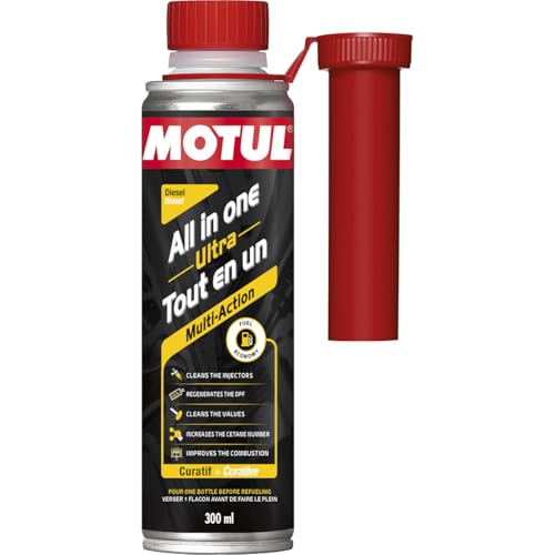 Motul - Additif Tout en Un Diesel - Nettoyant Multi-Action Curatif - Réduction Consommation et Émissions - Idéal Avant Contrôle Technique - All in One Ultra Diesel - 300 ML