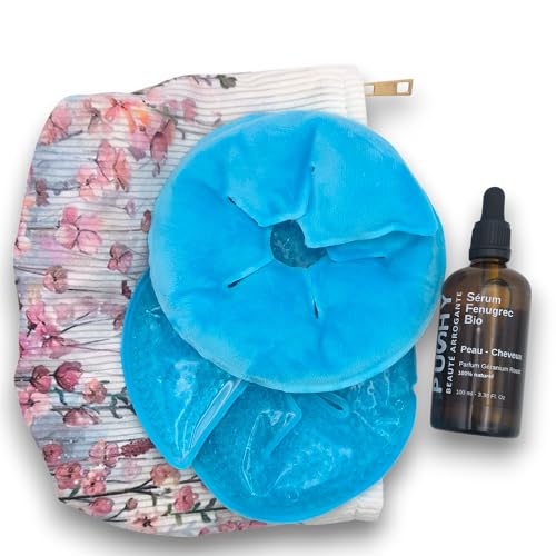 Duo Soin Poitrine & Décolleté – 2 Compresses Chaud/Froid Réutilisables + Huile de Fenugrec Bio 100 ml – Verre Ambré + Pipette + Pompe – Parfum de Rose – Routine Beauté Raffermissante et Tonifiante