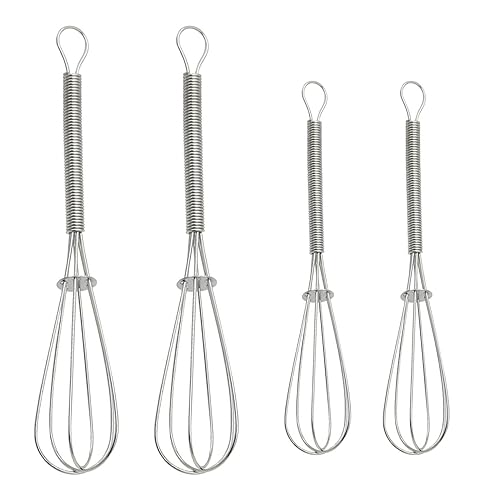 LMOGWL 4 PCS Mini batteur d'oeufs de cuisine en acier inoxydable, batteur à main, batteur portable, batteur à gros filaments, batteur à main pour la cuisine, oeufs, sauces, grand 2 / petit 2 (argent)
