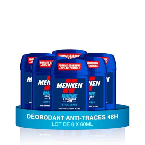 MENNEN - MARINE Deodorant Homme 48H - Stick Large - Sans Alcool - Anti-Traces - 60 ml - Lot de 6