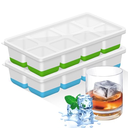 Grand Bac a Glacon,2 Pièces Moule à Glaçons,Bac à Glaçons en Silicone avec Couvercle pour Whisky, Cocktails, Bière, Vin,Boissons Réfrigérées,Sans BPA, Empilable Reutilisable(Vert + Bleu)