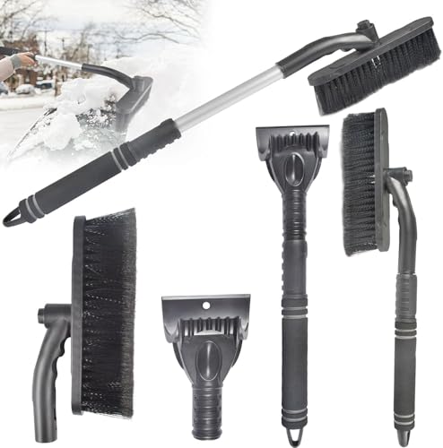 Funmo Grattoir à glace de voiture - Grattoir à glace pour l'hiver - Grattoir à neige 2 en 1 - Avec tête de brosse à 360 ° - Grattoir à glace et grand bord - Poignée en mousse ergonomique - Brosse à