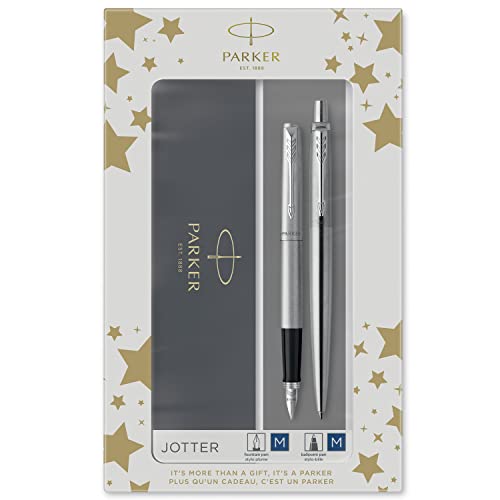Parker Jotter Duo coffret-cadeau avec stylo bille et stylo plume | acier inoxydable avec attributs chromés | recharge et cartouches d’encre bleue | coffret-cadeau