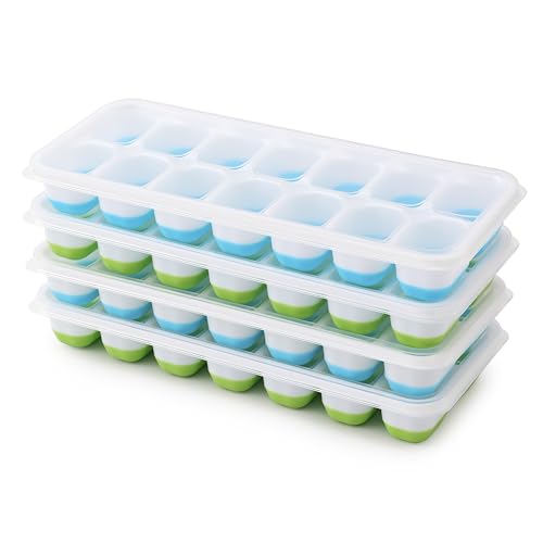 Lot de 4 bacs à glaçons en silicone avec couvercle sans BPA - Empilables - Sûr et sain - Pour bouillie de bébé, cocktail, whisky, café (2 bleus + 2 verts)