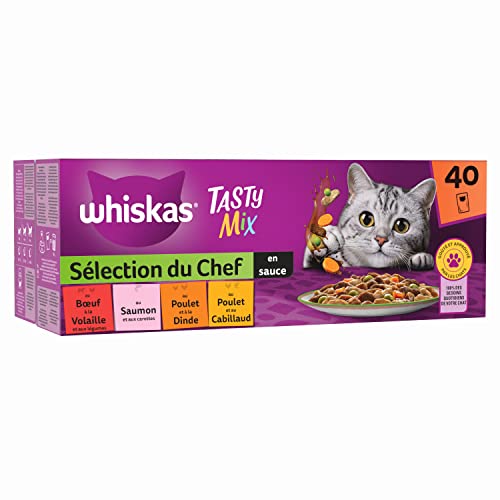 WHISKAS Repas pour Chat - 40 Sachets Fraîcheur - Tasty Mix Sélection du Chef (4 variétés) - Pâtée pour Chat Adulte en Sauce – Nourriture Humide Complète & Equilibrée