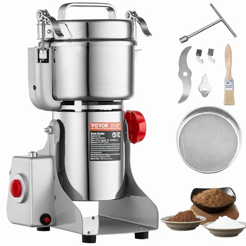 VEVOR Moulin à Épices Électrique 750 g, Broyeur à Grains Commercial 2000 W à Haute Vitesse, Moulin à Farine en Acier Inoxydable, Type Oscillant pour Moudre Rapidement Céréales Épices Herbes Cafés