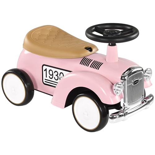 AIYAPLAY Porteur Enfants Voiture, véhicule à Pousser, Multi-équipée, 12-36 Mois, Coffre à Jouet, klaxon, Style Vintage, développe la motricité de Votre Enfant, Rose