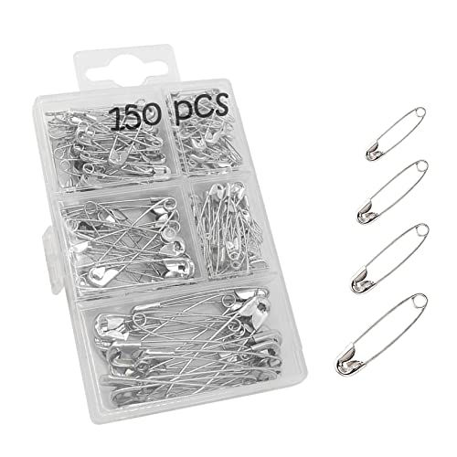 Rnitle 150 Pièces 4 Tailles Épingle a Nourrice,Pin de Sécurité en Métal Résistantes à La Rouille,Épingles Couture,avec Boîte de Rangement,Argent,19mm/22mm/27mm/37mm