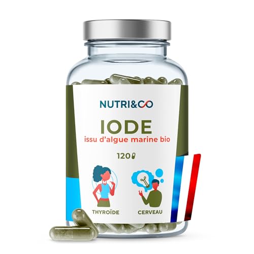 NUTRI & CO Iode Tyroïde Bio - Poudre d'Algue Naturelle Breveté PureSea® - 150µg par gélule - Soutien de la Thyroïde & Fonction Cognitive - 120 gélules Vegan - Fabriqué en France