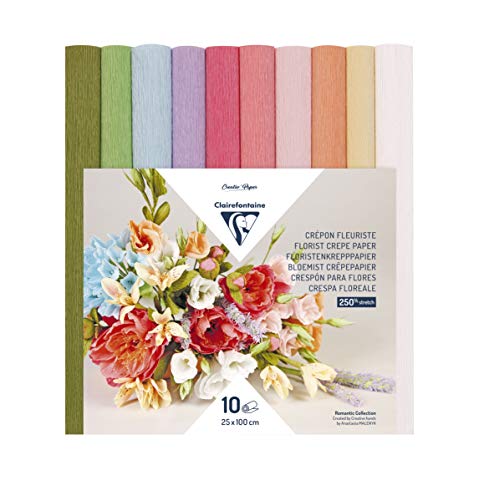 Clairefontaine 995000C - 10 Rouleaux de Papier Crépon Fleuriste - Format 25x100cm - Elasticité 250% - Grammage 160g - Fleurs en Papier - Couleurs Non-Dégorgeantes - Assortiment de 10 Couleurs Pastels