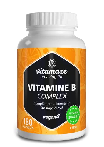 Vitamine B Complexe Fort avec Vitamine B1, B2, B3, B5, B6, B7 (Biotine), B9 (Acide Folique) et B12 - Pour 6 Mois - Énergie et Vitalité Naturel et Vegan - Vitamaze