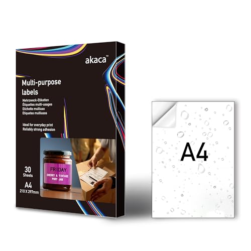 akaca Vinyle Papier Autocollant Imprimante A4, 30 Feuilles, Mat Blanc, Étiquette Adhésif Imprimable, Imperméable, Résistants aux Déchirures, pour Imprimantes Laser & Jet d'encre, 210 x 297 mm