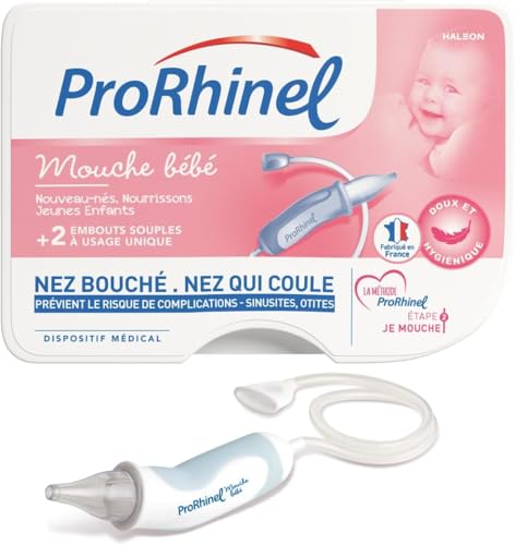 Prorhinel Mouche Bébé Manuel Ergonomique, Aspirateur Nasal Sûr et Hygiénique, Réduit Le Risque de Sinusites et Otites, Fabriqué en France, 2 Embouts Jetables