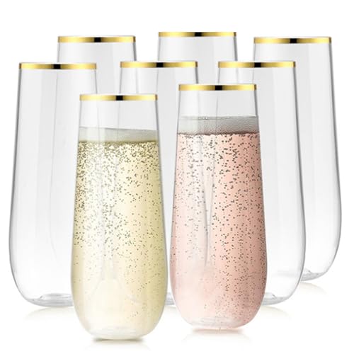 Coffret 20 Flûtes à Champagne sans Pied,Verres à Vin en Plastique Transparent de 9 Onces pour Mariages Anniversaires Barbecue dans Le Jardin Réunion de Famille Fête de Fiançailles (Or)