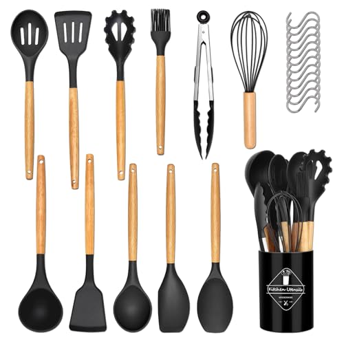 24 Pièces Kit Ustensiles de Cuisine, Set de couverts de cuisine, poignée en bois, résistant à la chaleur, Ensemble de Cuisine sans BPA, Antiadhésif, Noir